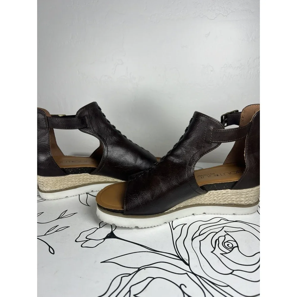 Corkys Boutique Sugar City Brown Leather Espadrille Wedge Zip Up Sandal Size 8